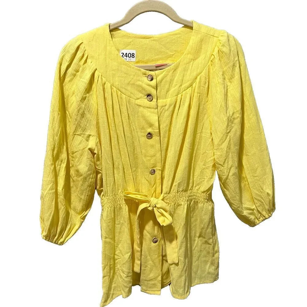Vtg Byer Women Yellow Talita Elastic Waist Blouse Large Puff Long Sleeve Buttons